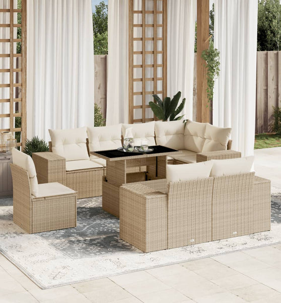 9-tlg. Garten-Sofagarnitur mit Kissen Beige Poly Rattan