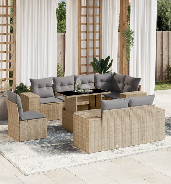 9-tlg. Garten-Sofagarnitur mit Kissen Beige Poly Rattan