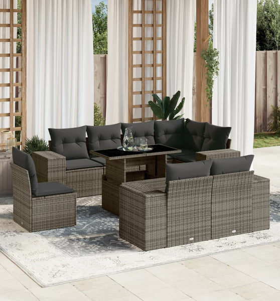 9-tlg. Garten-Sofagarnitur mit Kissen Grau Poly Rattan