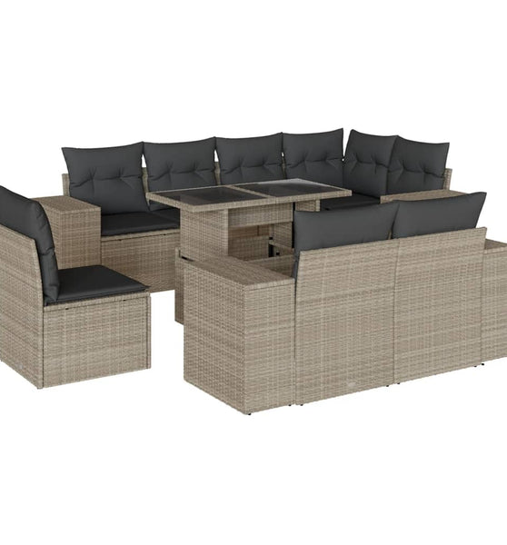 9-tlg. Garten-Sofagarnitur mit Kissen Hellgrau Poly Rattan