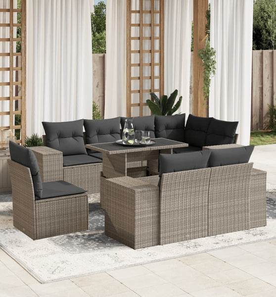 9-tlg. Garten-Sofagarnitur mit Kissen Hellgrau Poly Rattan