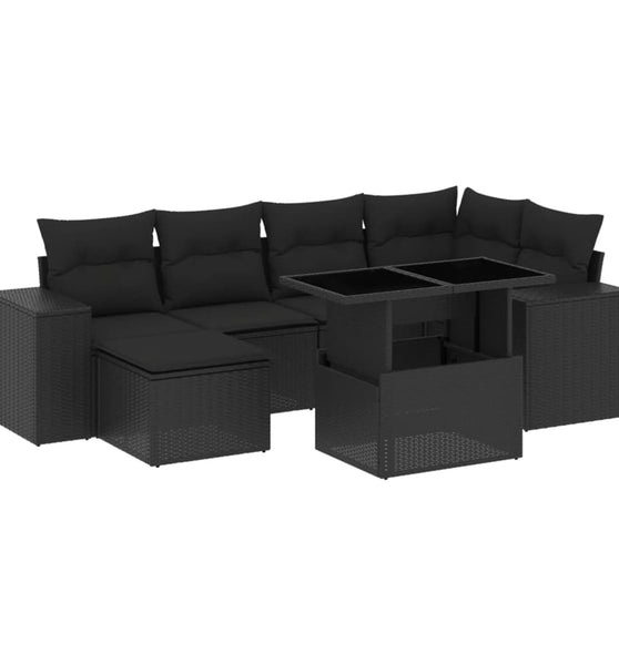 7-tlg. Garten-Sofagarnitur mit Kissen Schwarz Poly Rattan