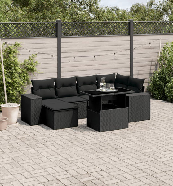 7-tlg. Garten-Sofagarnitur mit Kissen Schwarz Poly Rattan