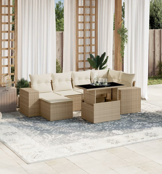 7-tlg. Garten-Sofagarnitur mit Kissen Beige Poly Rattan