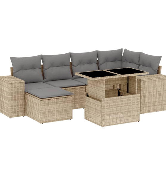 7-tlg. Garten-Sofagarnitur mit Kissen Beige Poly Rattan