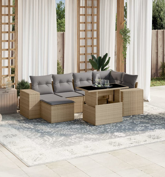 7-tlg. Garten-Sofagarnitur mit Kissen Beige Poly Rattan