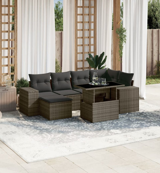 7-tlg. Garten-Sofagarnitur mit Kissen Grau Poly Rattan