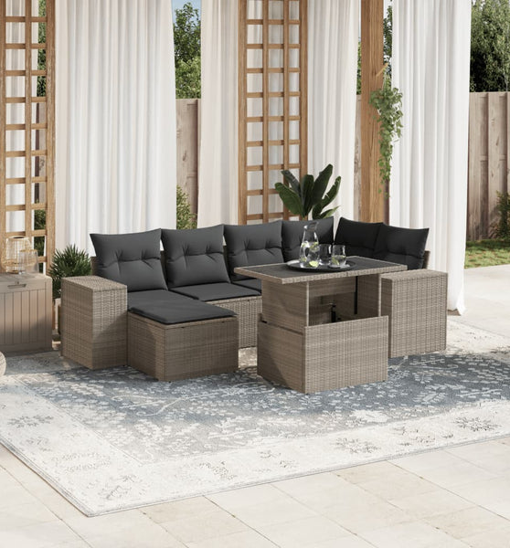 7-tlg. Garten-Sofagarnitur mit Kissen Hellgrau Poly Rattan
