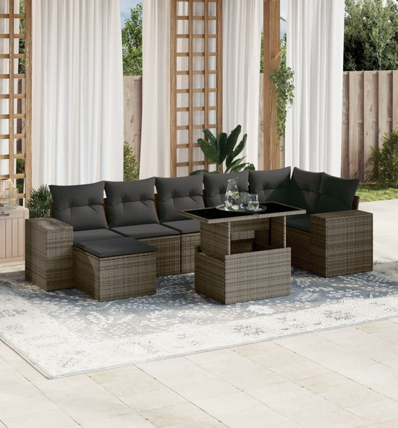 8-tlg. Garten-Sofagarnitur mit Kissen Grau Poly Rattan