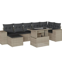 8-tlg. Garten-Sofagarnitur mit Kissen Hellgrau Poly Rattan