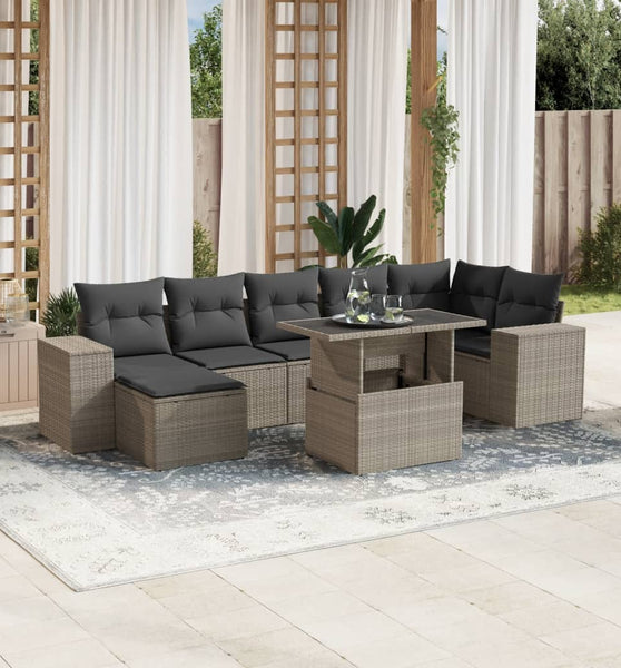 8-tlg. Garten-Sofagarnitur mit Kissen Hellgrau Poly Rattan