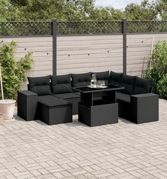8-tlg. Garten-Sofagarnitur mit Kissen Schwarz Poly Rattan