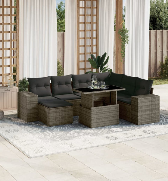 8-tlg. Garten-Sofagarnitur mit Kissen Grau Poly Rattan
