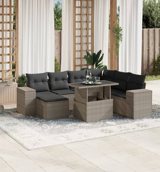 8-tlg. Garten-Sofagarnitur mit Kissen Hellgrau Poly Rattan