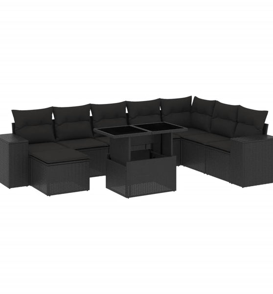 9-tlg. Garten-Sofagarnitur mit Kissen Schwarz Poly Rattan