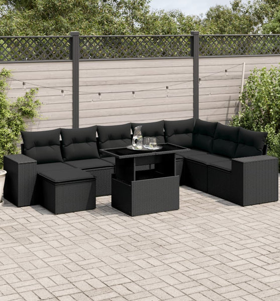 9-tlg. Garten-Sofagarnitur mit Kissen Schwarz Poly Rattan