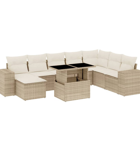 9-tlg. Garten-Sofagarnitur mit Kissen Beige Poly Rattan