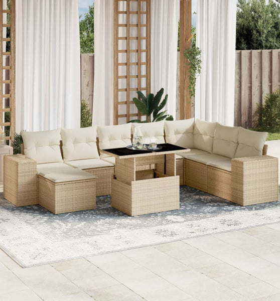 9-tlg. Garten-Sofagarnitur mit Kissen Beige Poly Rattan
