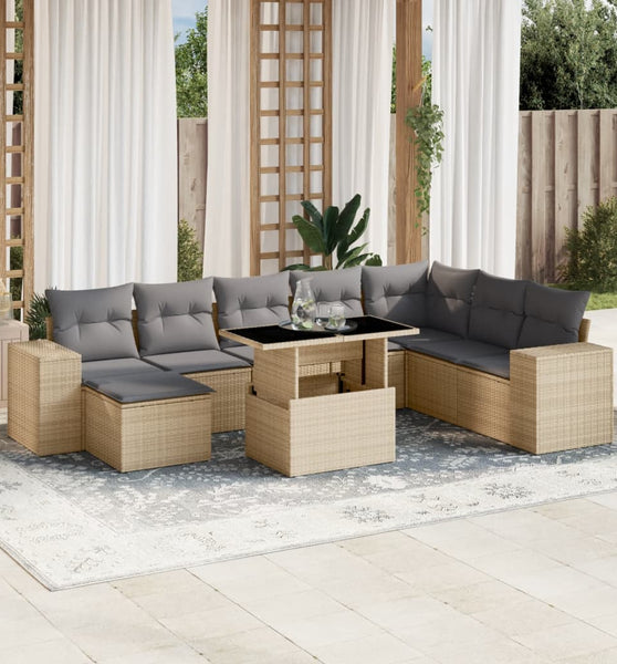 9-tlg. Garten-Sofagarnitur mit Kissen Beige Poly Rattan