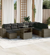 9-tlg. Garten-Sofagarnitur mit Kissen Grau Poly Rattan