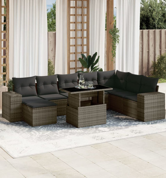 9-tlg. Garten-Sofagarnitur mit Kissen Grau Poly Rattan