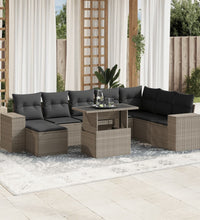 9-tlg. Garten-Sofagarnitur mit Kissen Hellgrau Poly Rattan