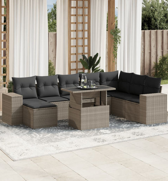 9-tlg. Garten-Sofagarnitur mit Kissen Hellgrau Poly Rattan