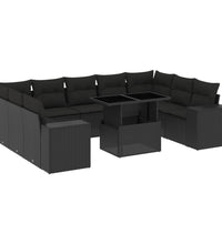 10-tlg. Garten-Sofagarnitur mit Kissen Schwarz Poly Rattan