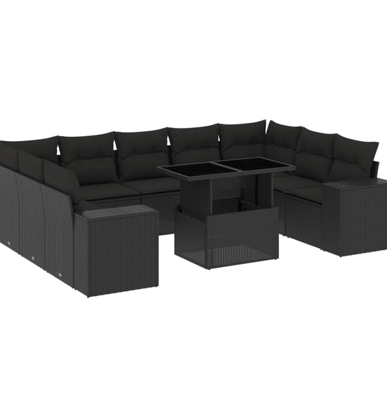 10-tlg. Garten-Sofagarnitur mit Kissen Schwarz Poly Rattan
