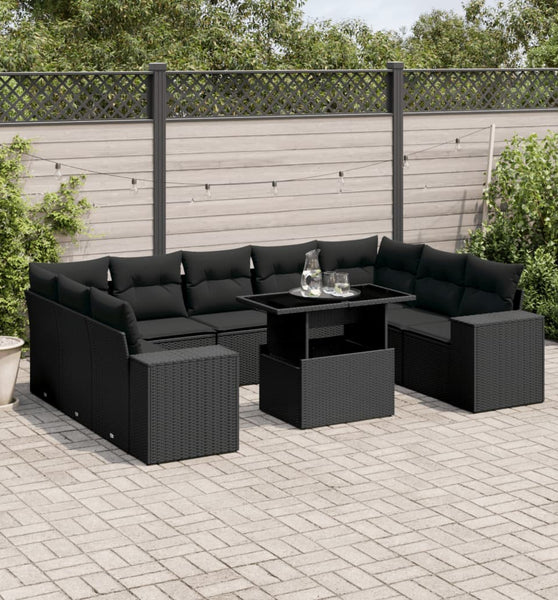 10-tlg. Garten-Sofagarnitur mit Kissen Schwarz Poly Rattan