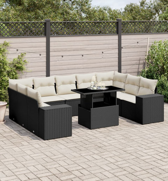 10-tlg. Garten-Sofagarnitur mit Kissen Schwarz Poly Rattan