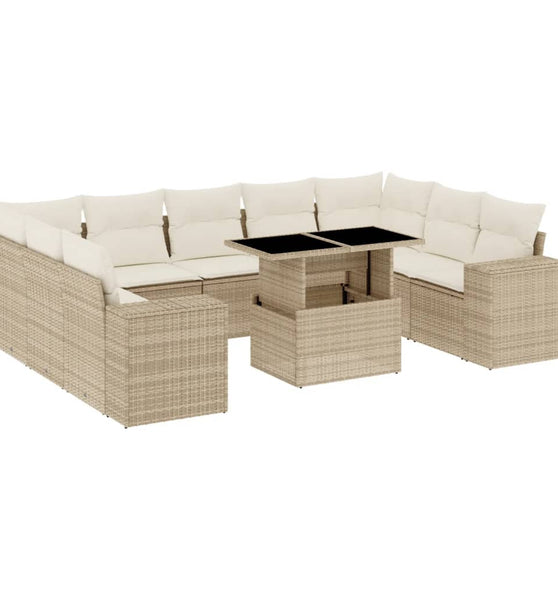 10-tlg. Garten-Sofagarnitur mit Kissen Beige Poly Rattan