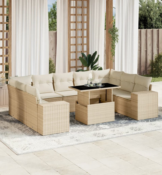 10-tlg. Garten-Sofagarnitur mit Kissen Beige Poly Rattan