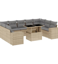 10-tlg. Garten-Sofagarnitur mit Kissen Beige Poly Rattan