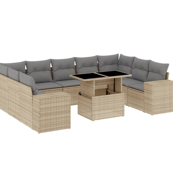 10-tlg. Garten-Sofagarnitur mit Kissen Beige Poly Rattan
