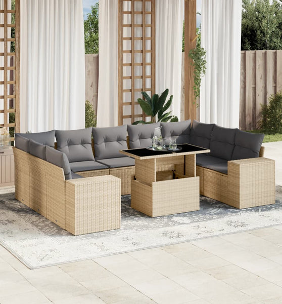 10-tlg. Garten-Sofagarnitur mit Kissen Beige Poly Rattan