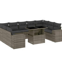 10-tlg. Garten-Sofagarnitur mit Kissen Grau Poly Rattan