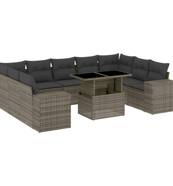 10-tlg. Garten-Sofagarnitur mit Kissen Grau Poly Rattan