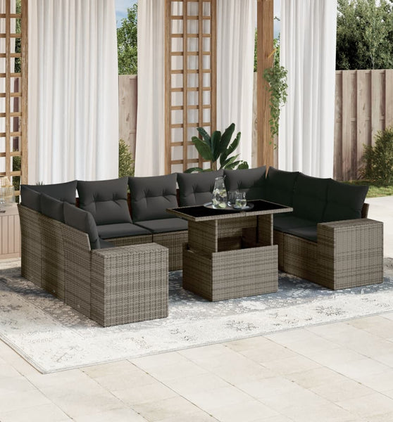 10-tlg. Garten-Sofagarnitur mit Kissen Grau Poly Rattan