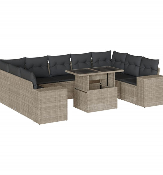 10-tlg. Garten-Sofagarnitur mit Kissen Hellgrau Poly Rattan