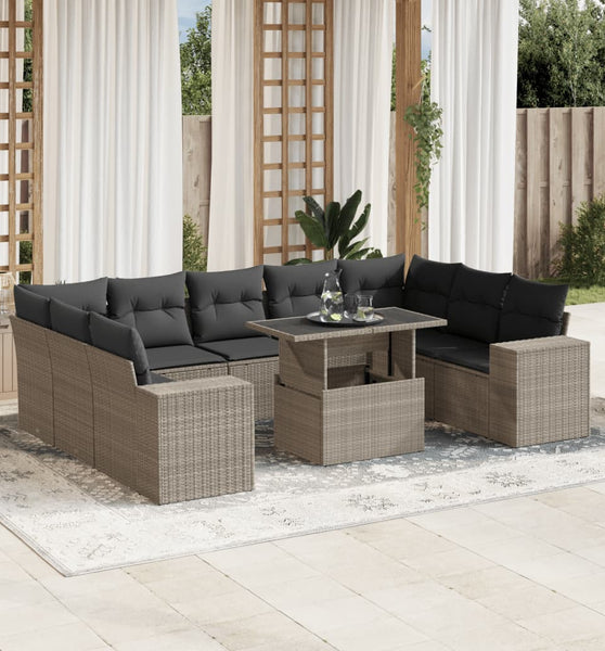 10-tlg. Garten-Sofagarnitur mit Kissen Hellgrau Poly Rattan
