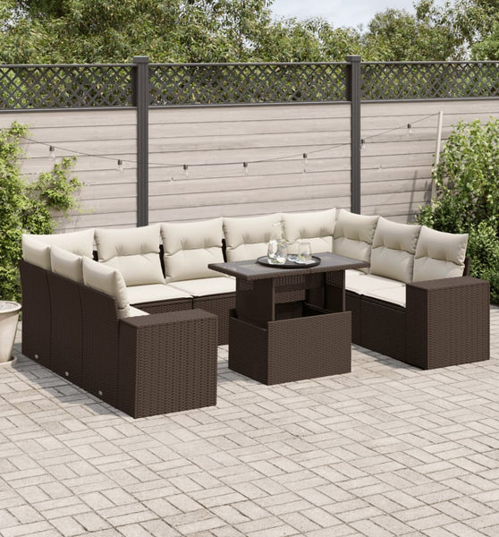 10-tlg. Garten-Sofagarnitur mit Kissen Braun Poly Rattan