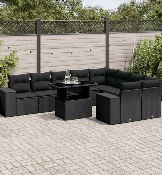 10-tlg. Garten-Sofagarnitur mit Kissen Schwarz Poly Rattan