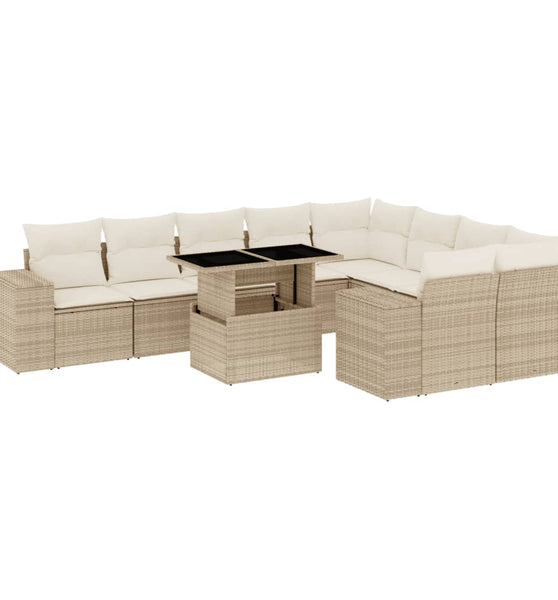 10-tlg. Garten-Sofagarnitur mit Kissen Beige Poly Rattan