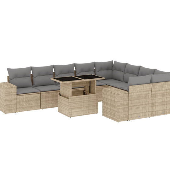 10-tlg. Garten-Sofagarnitur mit Kissen Beige Poly Rattan