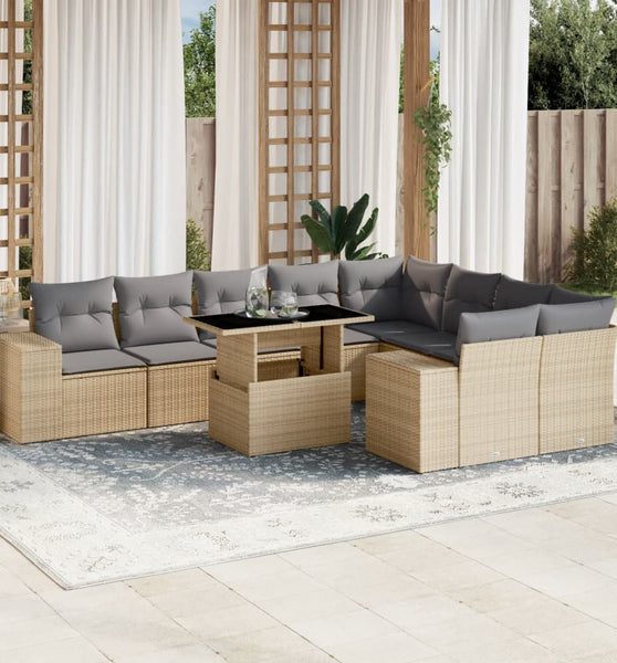 10-tlg. Garten-Sofagarnitur mit Kissen Beige Poly Rattan