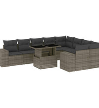10-tlg. Garten-Sofagarnitur mit Kissen Grau Poly Rattan