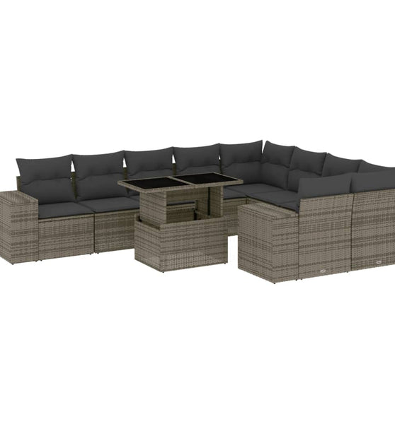 10-tlg. Garten-Sofagarnitur mit Kissen Grau Poly Rattan
