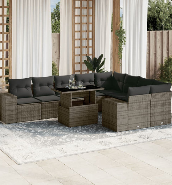 10-tlg. Garten-Sofagarnitur mit Kissen Grau Poly Rattan