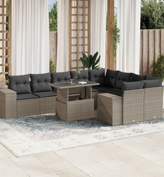 10-tlg. Garten-Sofagarnitur mit Kissen Hellgrau Poly Rattan